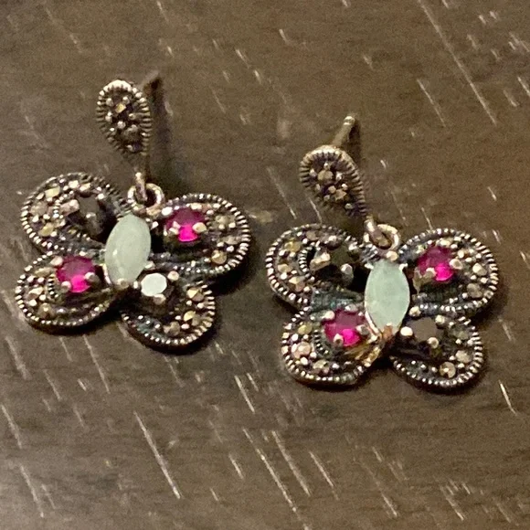 Emerald sapphire Ruby sterling silver Butterfly pierced earrings - Picture 1 of 3